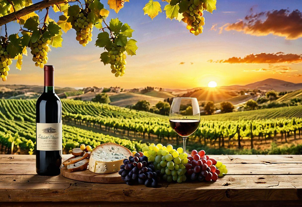 A serene landscape showcasing lush vineyards under a golden sunset, with rolling hills in the background and clusters of ripe grapes hanging from vines. In the foreground, a glass of red wine capturing the sunlight, alongside a rustic wooden table adorned with cheese and bread. Soft light illuminating a wine bottle with a classic label. Elegance and warmth of wine culture emphasized. vibrant colors. 3D.