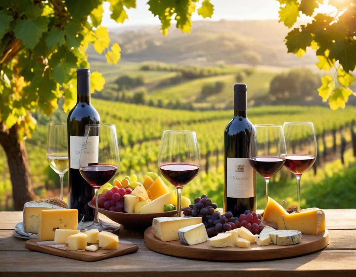 A beautifully arranged table featuring a variety of wine bottles and glasses, surrounded by grapevines and a picturesque vineyard in the background. Incorporate colorful wine labels representing different varieties, with a selection of cheese and fruits elegantly presented. The scene should evoke a sense of sophistication and exploration, inviting the viewer into the world of wine. golden hour lighting. super-realistic. vibrant colors.