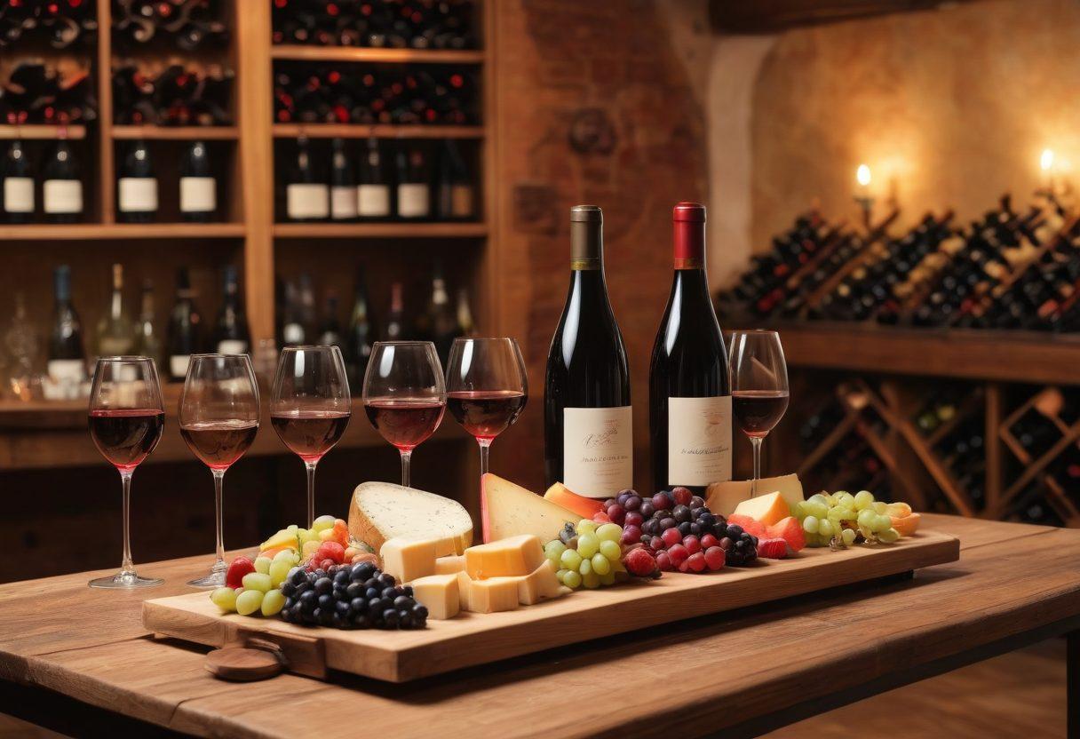 A beautifully arranged wine tasting table with an assortment of wine glasses filled with rich red, white, and sparkling wines, vibrant cheese platters, and fresh fruit. Soft ambient lighting casts a warm glow, highlighting the intricate details of each wine bottle's label. A backdrop of a cozy wine cellar with wooden shelves filled with wine bottles adds to the atmosphere. The scene evokes the elegance and sensory delight of wine tasting. super-realistic. warm colors. cozy setting.